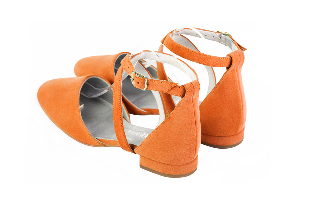 Apricot orange women's ballet pumps, with flat heels. Round toe. Flat block heels. Rear view - Florence KOOIJMAN